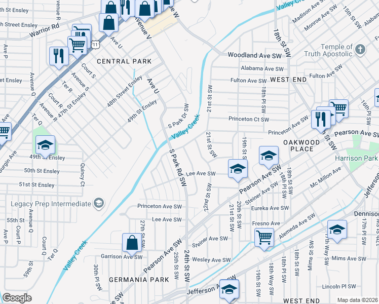 map of restaurants, bars, coffee shops, grocery stores, and more near 213 23rd Street Southwest in Birmingham