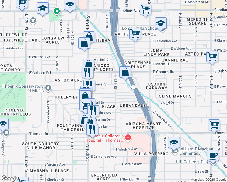 map of restaurants, bars, coffee shops, grocery stores, and more near 1741 East Flower Street in Phoenix