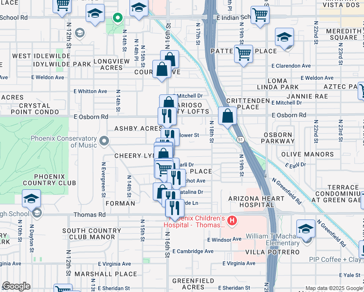 map of restaurants, bars, coffee shops, grocery stores, and more near in Phoenix