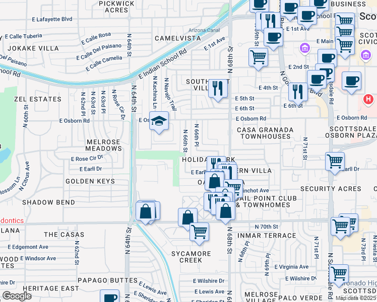 map of restaurants, bars, coffee shops, grocery stores, and more near 3238 North 66th Street in Scottsdale