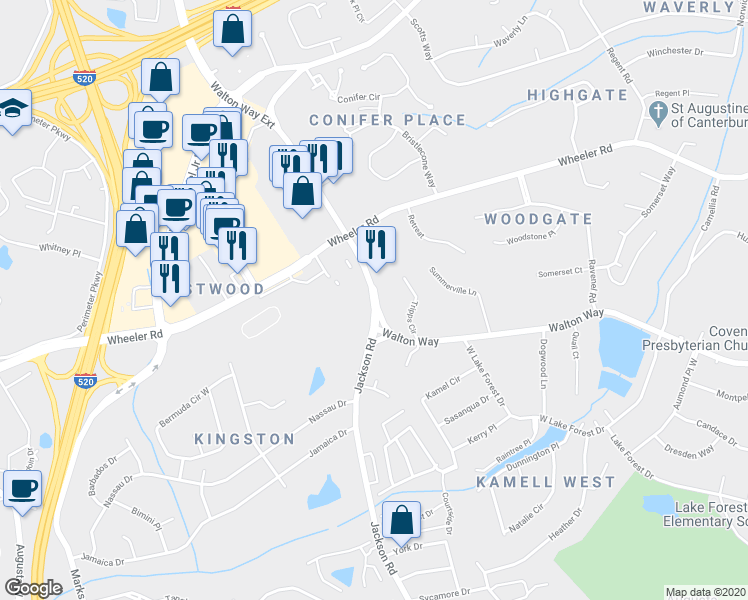 map of restaurants, bars, coffee shops, grocery stores, and more near 3012 Walton Way Extension in Augusta