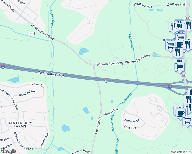 map of restaurants, bars, coffee shops, grocery stores, and more near 477 Chamblin Road in Grovetown