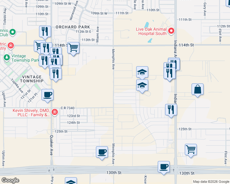 map of restaurants, bars, coffee shops, grocery stores, and more near Kenosha Avenue in Lubbock