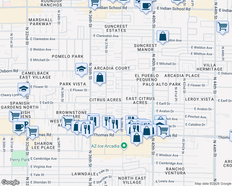 map of restaurants, bars, coffee shops, grocery stores, and more near 3202 North 38th Street in Phoenix