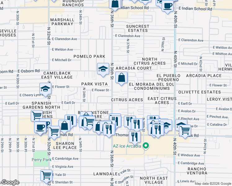 map of restaurants, bars, coffee shops, grocery stores, and more near 3201 North 36th Street in Phoenix