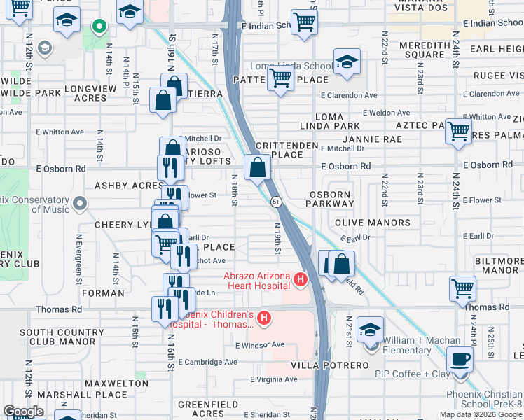 map of restaurants, bars, coffee shops, grocery stores, and more near 1840 East Monterey Way in Phoenix