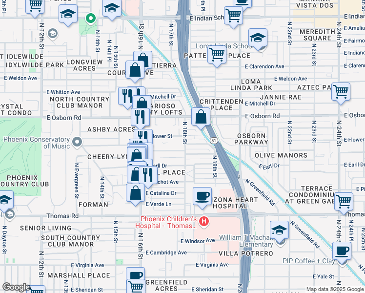 map of restaurants, bars, coffee shops, grocery stores, and more near 1741 East Flower Street in Phoenix