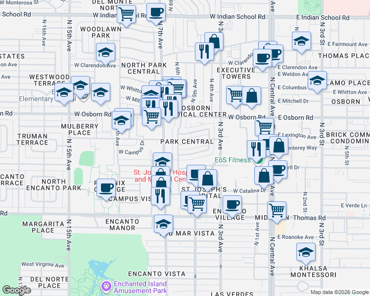 map of restaurants, bars, coffee shops, grocery stores, and more near 461 West Mulberry Drive in Phoenix