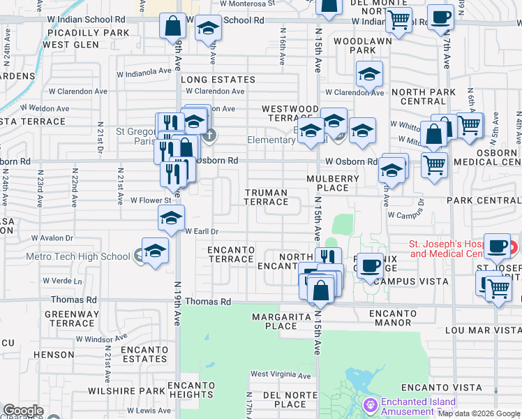 map of restaurants, bars, coffee shops, grocery stores, and more near 1626 W Flower Circle North in Phoenix