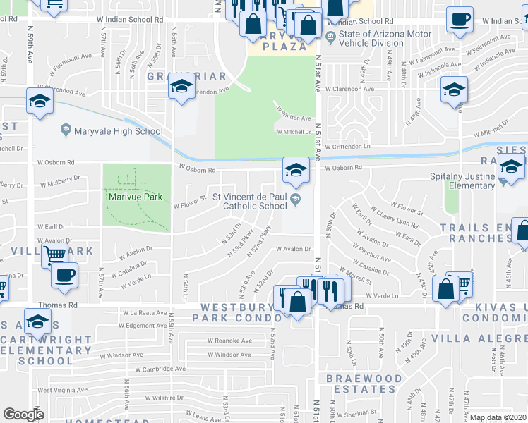 map of restaurants, bars, coffee shops, grocery stores, and more near 3201 North 52nd Parkway in Phoenix
