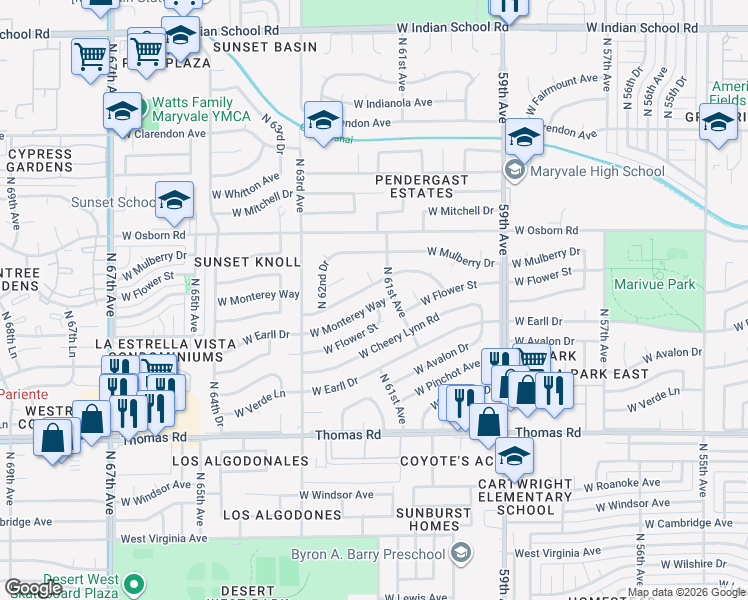map of restaurants, bars, coffee shops, grocery stores, and more near 3338 North 61st Drive in Phoenix