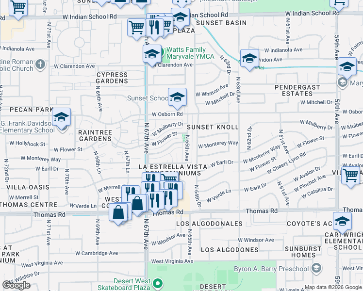 map of restaurants, bars, coffee shops, grocery stores, and more near 3212 North 65th Avenue in Phoenix