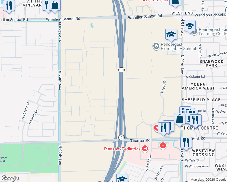 map of restaurants, bars, coffee shops, grocery stores, and more near Agua Fria Freeway in Phoenix