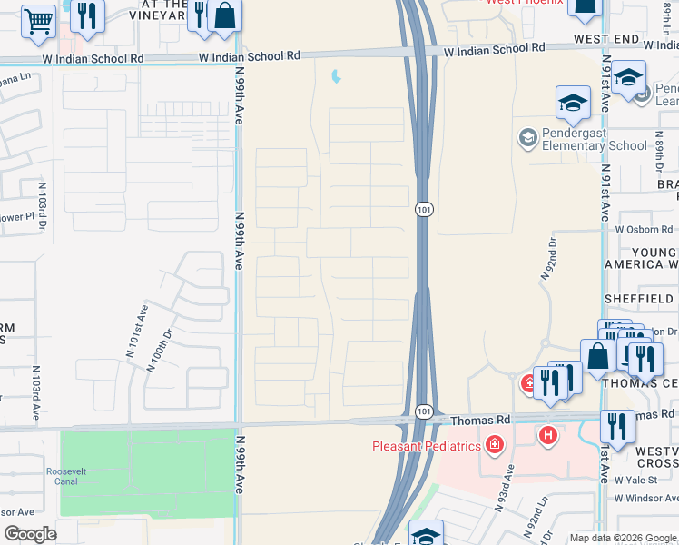 map of restaurants, bars, coffee shops, grocery stores, and more near 3120-3254 Agua Fria Freeway in Phoenix