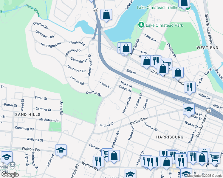 map of restaurants, bars, coffee shops, grocery stores, and more near 423 Milledge Road in Augusta