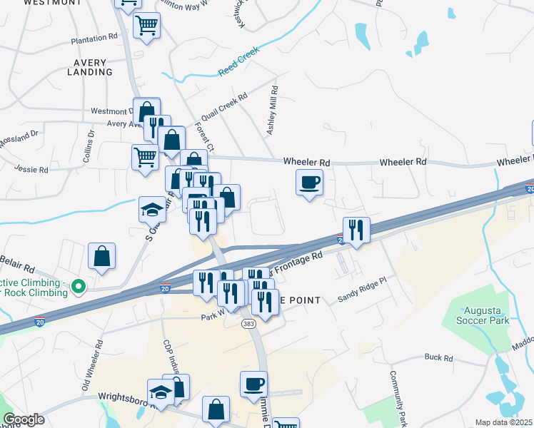 map of restaurants, bars, coffee shops, grocery stores, and more near 409 Ridge Crossing in Augusta