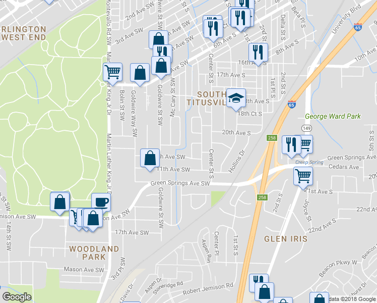map of restaurants, bars, coffee shops, grocery stores, and more near 881 Lincoln Street Southwest in Birmingham