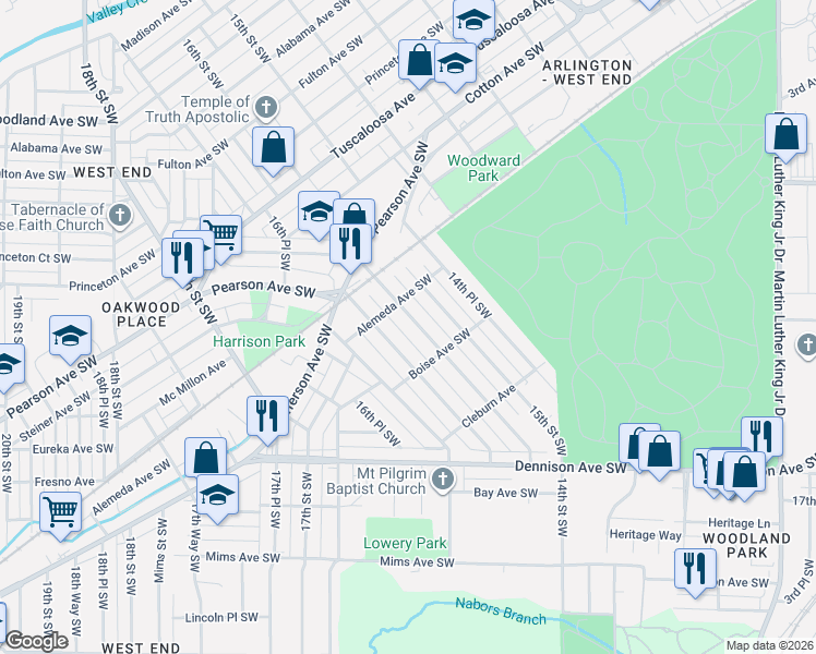 map of restaurants, bars, coffee shops, grocery stores, and more near 1100 15th Place Southwest in Birmingham