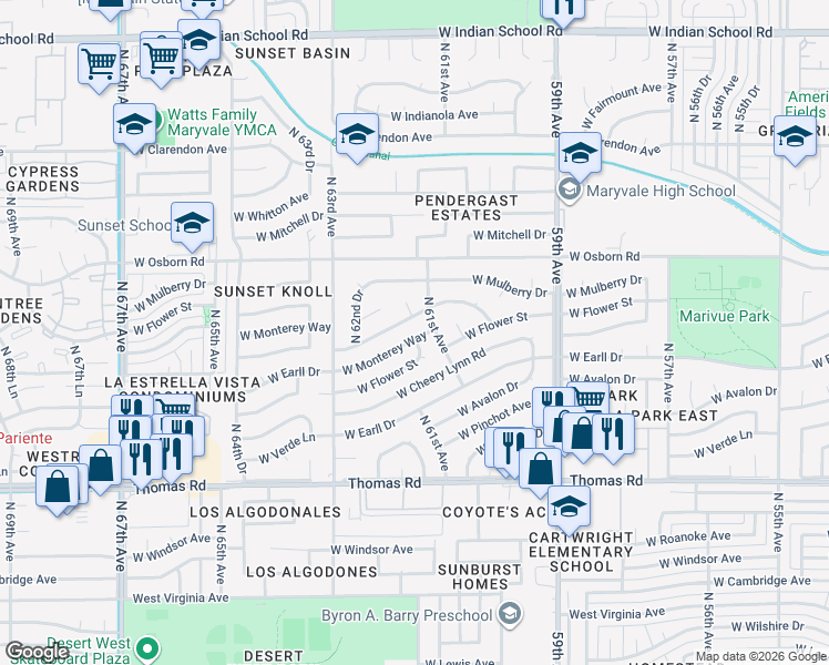 map of restaurants, bars, coffee shops, grocery stores, and more near 3338 North 61st Drive in Phoenix
