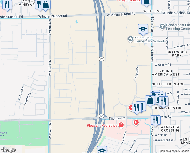 map of restaurants, bars, coffee shops, grocery stores, and more near Agua Fria Freeway in Phoenix