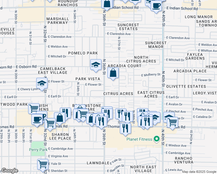 map of restaurants, bars, coffee shops, grocery stores, and more near 3201 North 36th Street in Phoenix