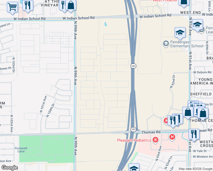 map of restaurants, bars, coffee shops, grocery stores, and more near 3120-3254 Agua Fria Freeway in Phoenix
