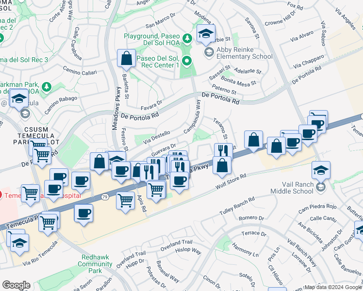 map of restaurants, bars, coffee shops, grocery stores, and more near 32657 Guevara Drive in Temecula