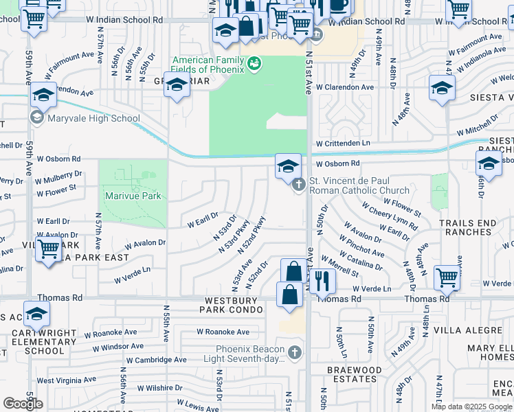 map of restaurants, bars, coffee shops, grocery stores, and more near 3201 North 52nd Parkway in Phoenix