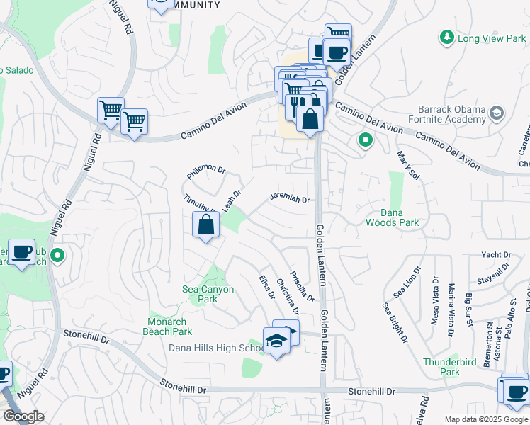 map of restaurants, bars, coffee shops, grocery stores, and more near 24561 Seth Circle in Dana Point