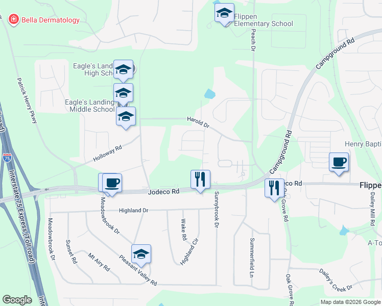 map of restaurants, bars, coffee shops, grocery stores, and more near 186 Harold Drive in McDonough