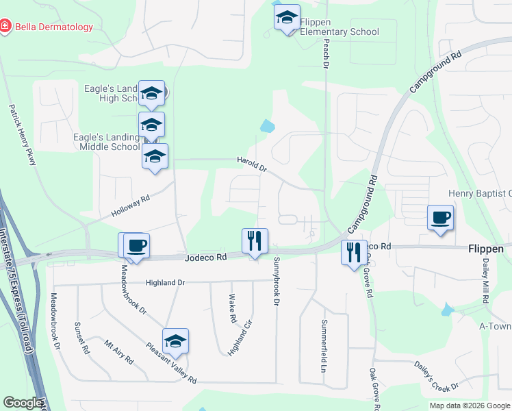 map of restaurants, bars, coffee shops, grocery stores, and more near 186 Harold Drive in McDonough