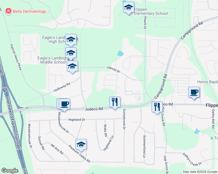 map of restaurants, bars, coffee shops, grocery stores, and more near 186 Harold Drive in McDonough
