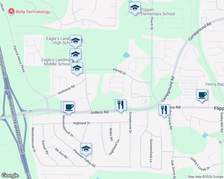 map of restaurants, bars, coffee shops, grocery stores, and more near 76 Harold Drive in McDonough