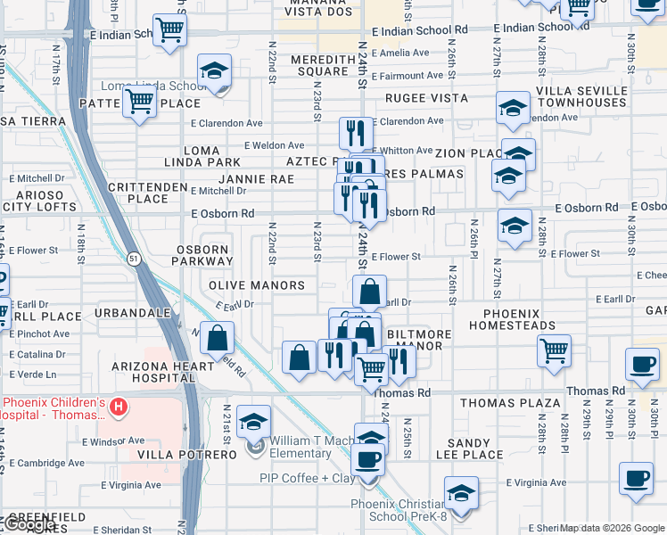 map of restaurants, bars, coffee shops, grocery stores, and more near 2323 East Flower Street in Phoenix