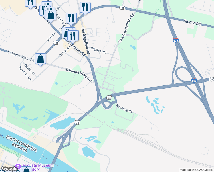 map of restaurants, bars, coffee shops, grocery stores, and more near 415 Carolina Springs Road in North Augusta
