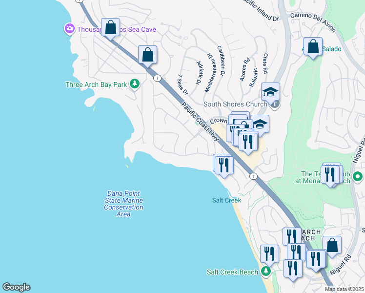 map of restaurants, bars, coffee shops, grocery stores, and more near 12 Monarch Bay Drive in Dana Point