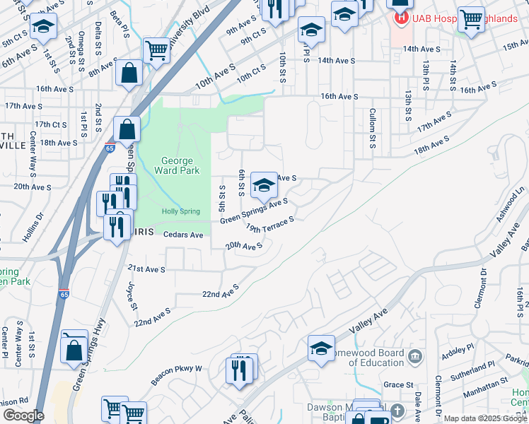 map of restaurants, bars, coffee shops, grocery stores, and more near 625 Green Springs Avenue South in Birmingham