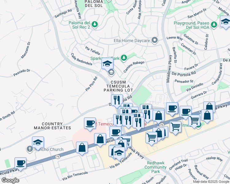 map of restaurants, bars, coffee shops, grocery stores, and more near 43905 Margarita Road in Temecula