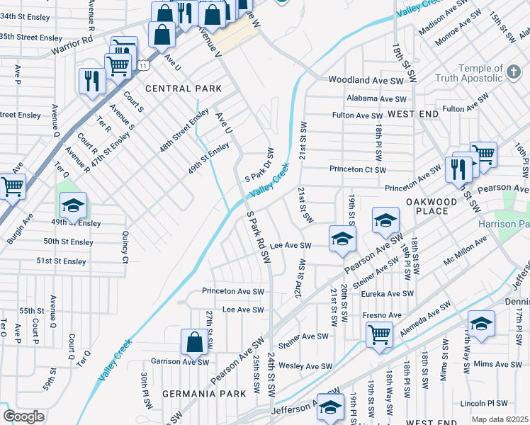 map of restaurants, bars, coffee shops, grocery stores, and more near 2304 Fulton Avenue Southwest in Birmingham