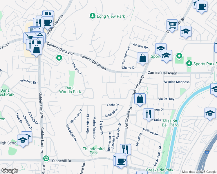 map of restaurants, bars, coffee shops, grocery stores, and more near 32862 Bluffside Drive in Dana Point