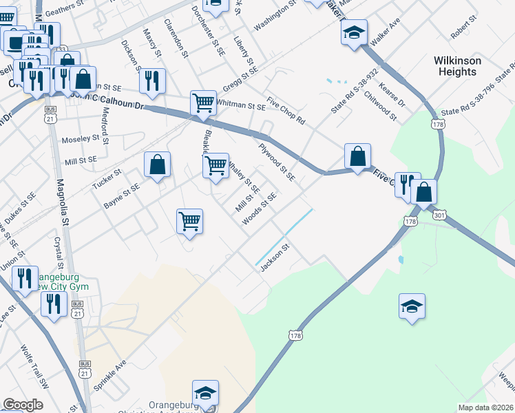 map of restaurants, bars, coffee shops, grocery stores, and more near 961 Mill Street in Orangeburg