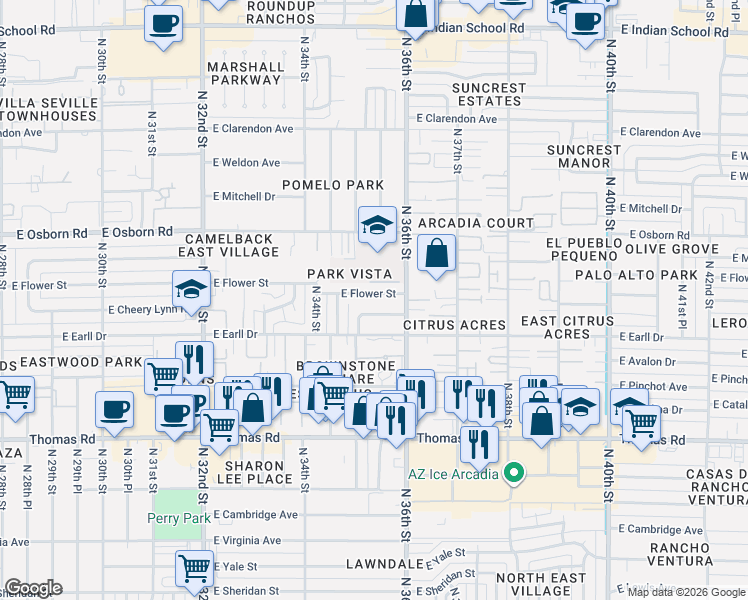 map of restaurants, bars, coffee shops, grocery stores, and more near 3532 East Flower Street in Phoenix