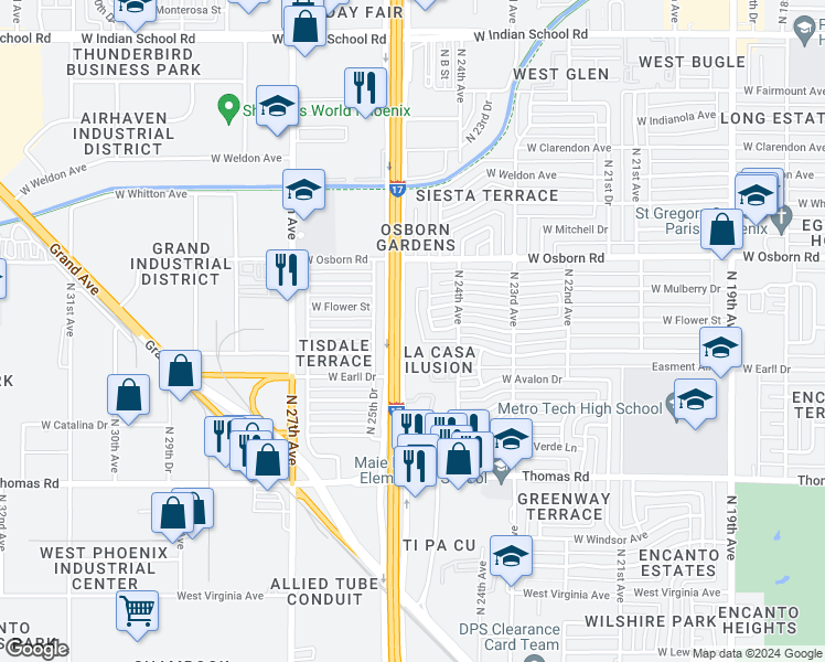 map of restaurants, bars, coffee shops, grocery stores, and more near 3151 North Black Canyon Highway in Phoenix
