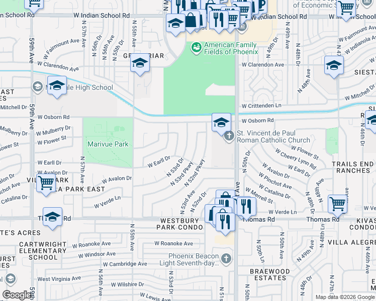 map of restaurants, bars, coffee shops, grocery stores, and more near 3139 North 53rd Drive in Phoenix
