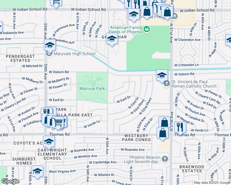 map of restaurants, bars, coffee shops, grocery stores, and more near 5426 West Flower Street in Phoenix