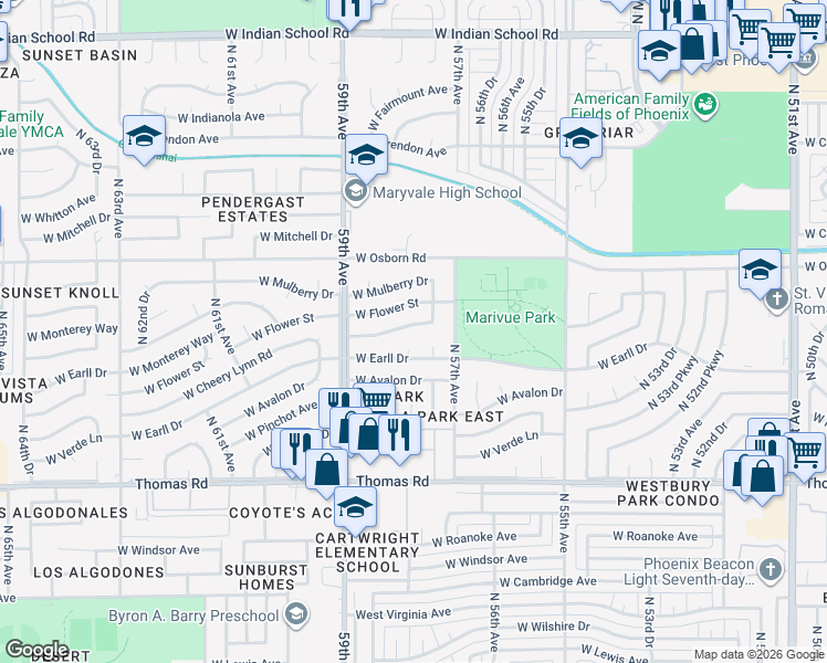 map of restaurants, bars, coffee shops, grocery stores, and more near 5714 West Cheery Lynn Road in Phoenix