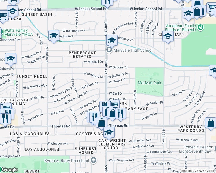 map of restaurants, bars, coffee shops, grocery stores, and more near 5902 West Flower Street in Phoenix