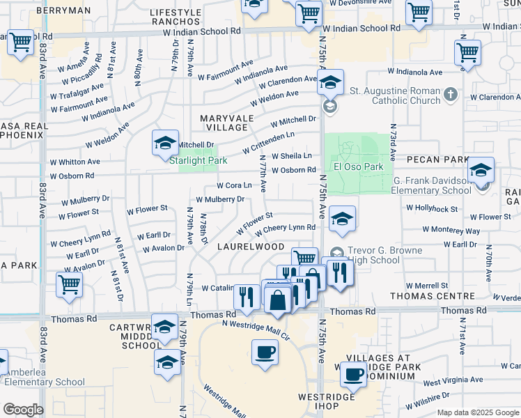 map of restaurants, bars, coffee shops, grocery stores, and more near 7634 West Mulberry Drive in Phoenix