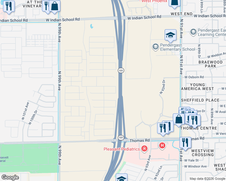 map of restaurants, bars, coffee shops, grocery stores, and more near Agua Fria Freeway in Phoenix