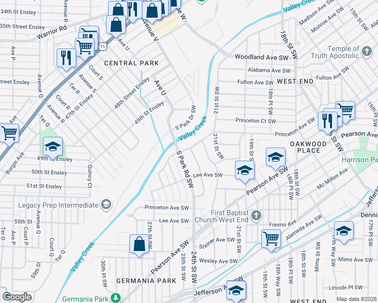 map of restaurants, bars, coffee shops, grocery stores, and more near 2304 Fulton Avenue Southwest in Birmingham